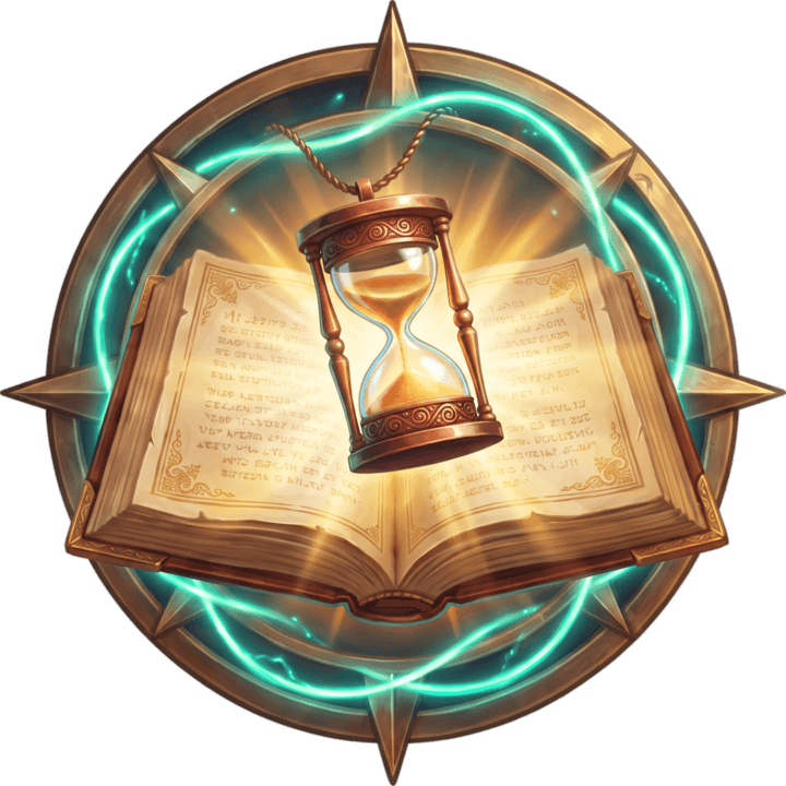 The Book of Time: an open book with a glowing hourglass above it, set in a brass compass